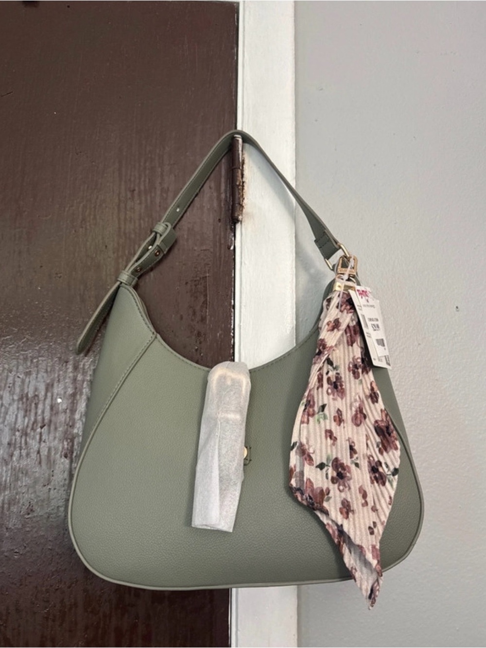 Anne Klein Sage Green Shoulder Bag with Floral Scarf Accent